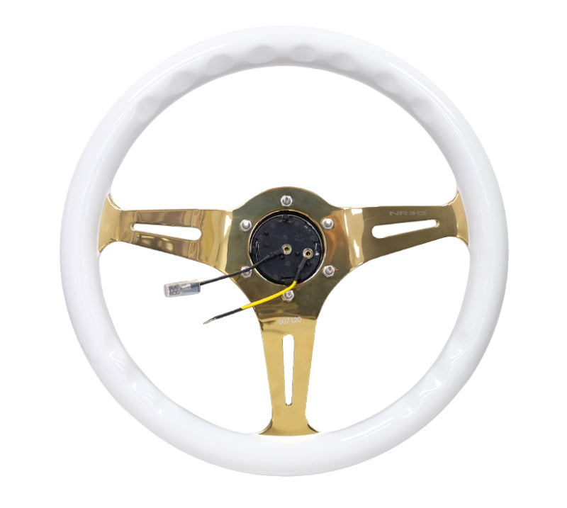 NRG Wood Grain Steering Wheel - 350mm (White Grip / Chrome Gold Spokes)