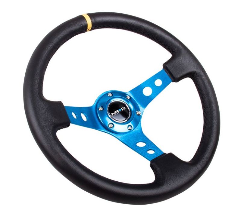 NRG Steering Wheel - 350mm / 3" Deep (Black Leather / Blue Spokes / Yellow Mark)