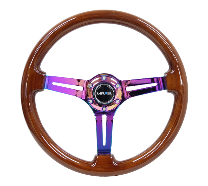 NRG Wood Grain Steering Wheel - 350mm / 3" Deep Dish (Brown Grip / Neochrome Spokes)