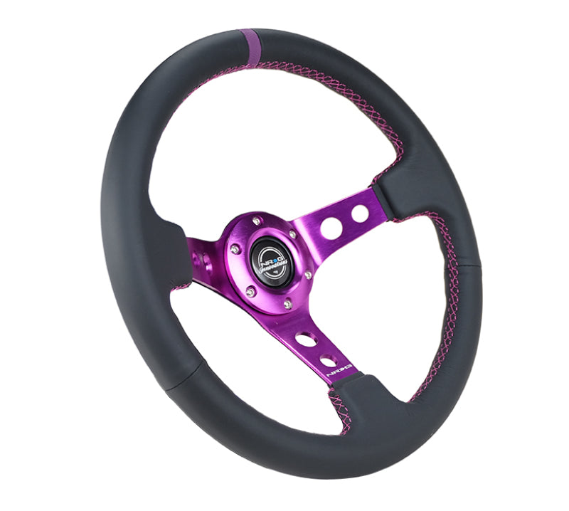 NRG Steering Wheel - 350mm / 3" Deep Dish (Black Leather / Purple Stitch / Purple Spokes)