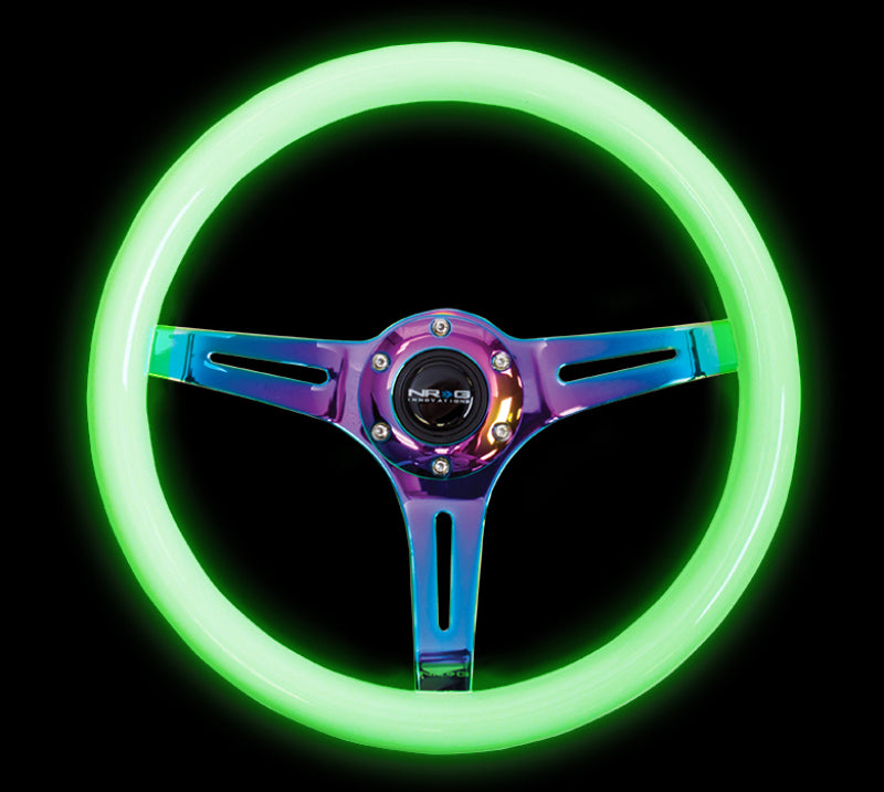 NRG Wood Grain Steering Wheel - 350mm (Glow-N-The-Dark Green Grip / Neochrome Spokes)
