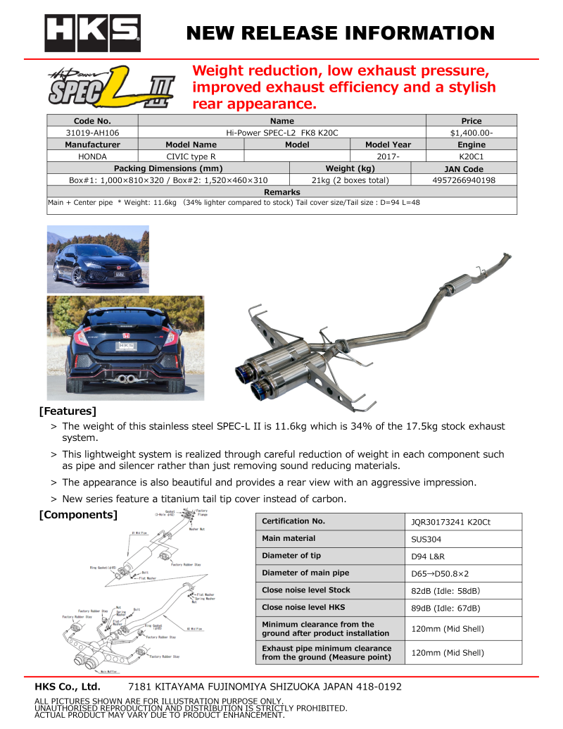 HKS Hi-Power SPEC-L II Exhaust Honda Civic Type-R FK8
