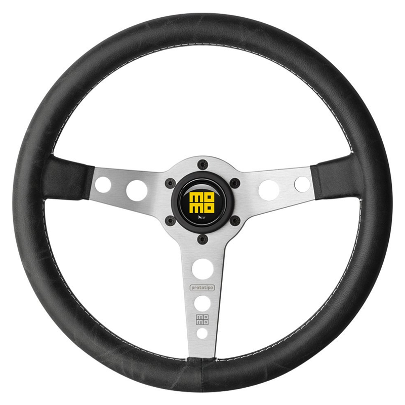 Momo Prototipo Heritage Steering Wheel - 350mm (Silver Spokes / White Stitching)