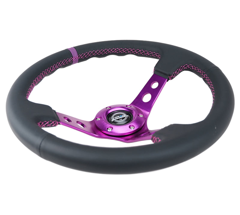 NRG Steering Wheel - 350mm / 3" Deep Dish (Black Leather / Purple Stitch / Purple Spokes)