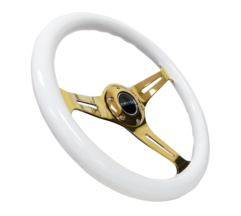 NRG Wood Grain Steering Wheel - 350mm (White Grip / Chrome Gold Spokes)