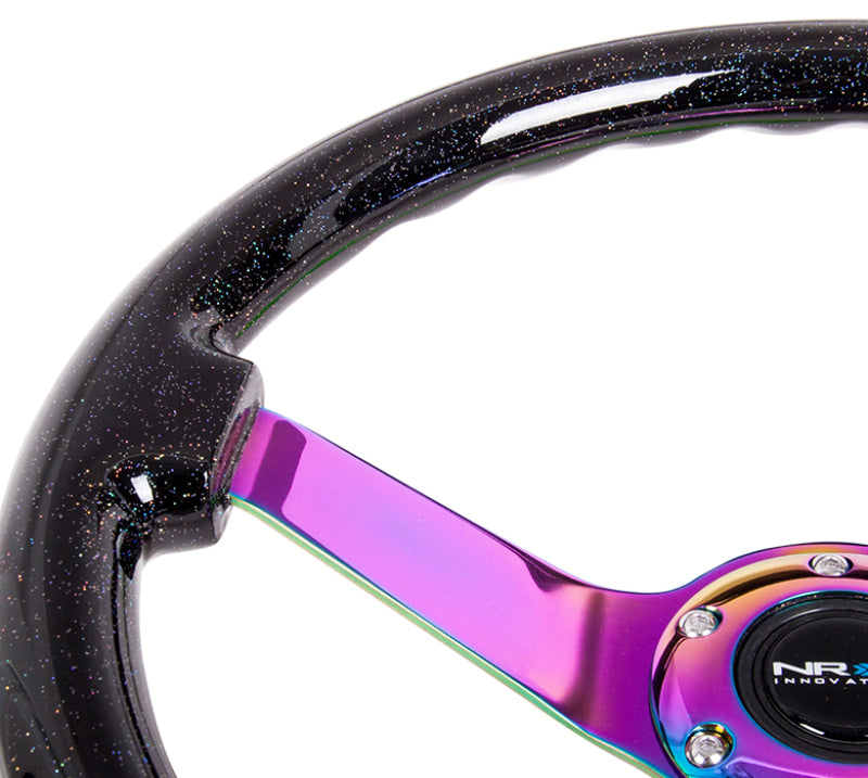 NRG  Wood Grain Steering Wheel - 350mm / 3" Deep Dish (Black Sparkle / Neochrome Spokes)