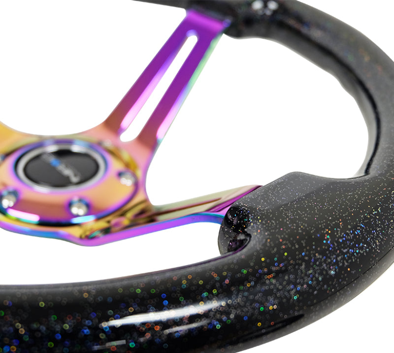 NRG Wood Grain Steering Wheel - 350mm / 3" Deep Dish (Black Multi Flake / Neochrome Spokes)