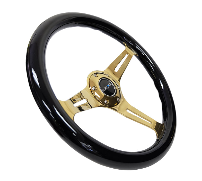 NRG Wood Grain Steering Wheel - 350mm (Black Grip / Chrome Gold Spokes)