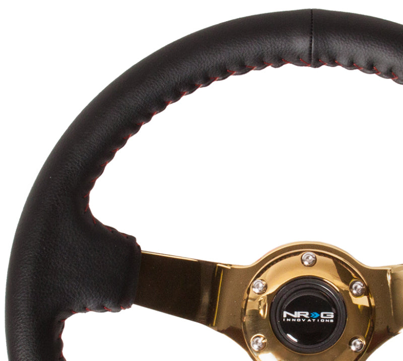 NRG Steering Wheel - 350mm / 3" Deep Dish (Black Leather / Red BBall Stitch / Gold Spokes)