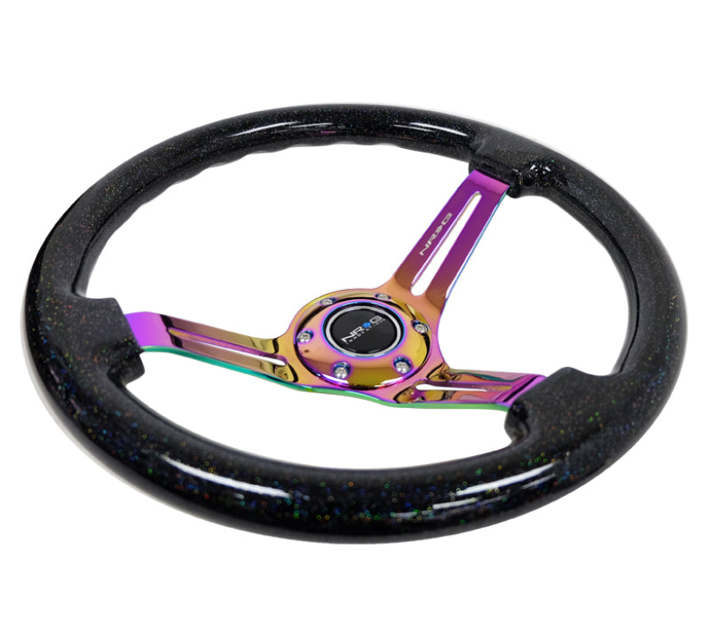 NRG Wood Grain Steering Wheel - 350mm / 3" Deep Dish (Black Multi Flake / Neochrome Spokes)