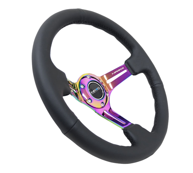 NRG Steering Wheel - 350mm / 3" Deep Dish (Black Leather / Black Stitch / Neochrome Spokes)