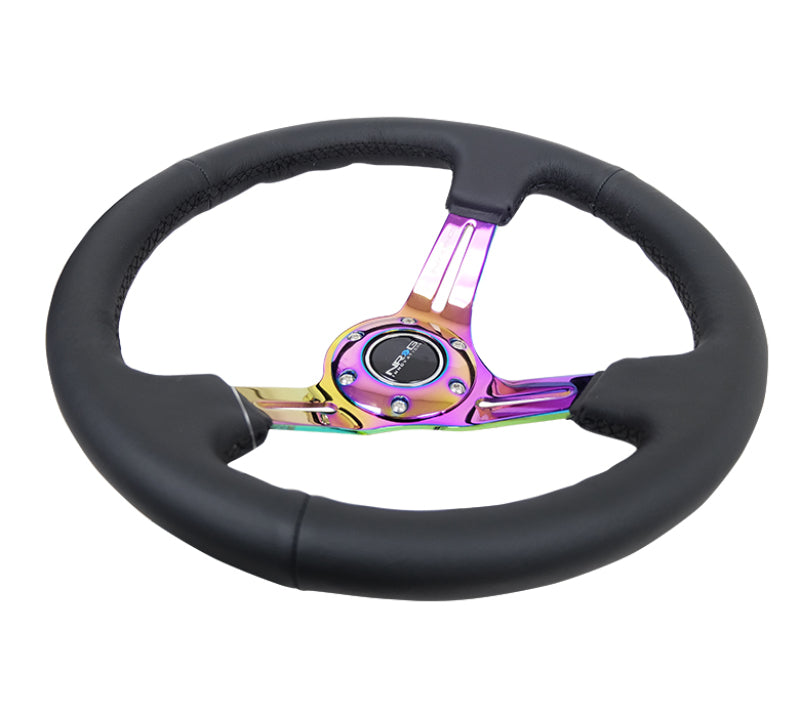 NRG Steering Wheel - 350mm / 3" Deep Dish (Black Leather / Black Stitch / Neochrome Spokes)