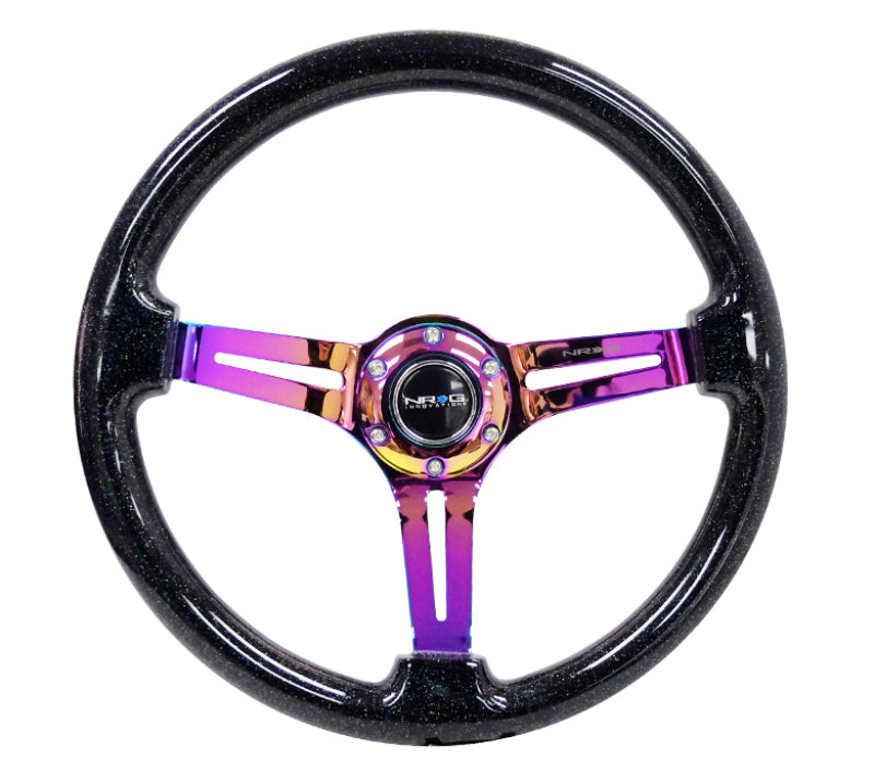 NRG Wood Grain Steering Wheel - 350mm / 3" Deep Dish (Black Multi Flake / Neochrome Spokes)