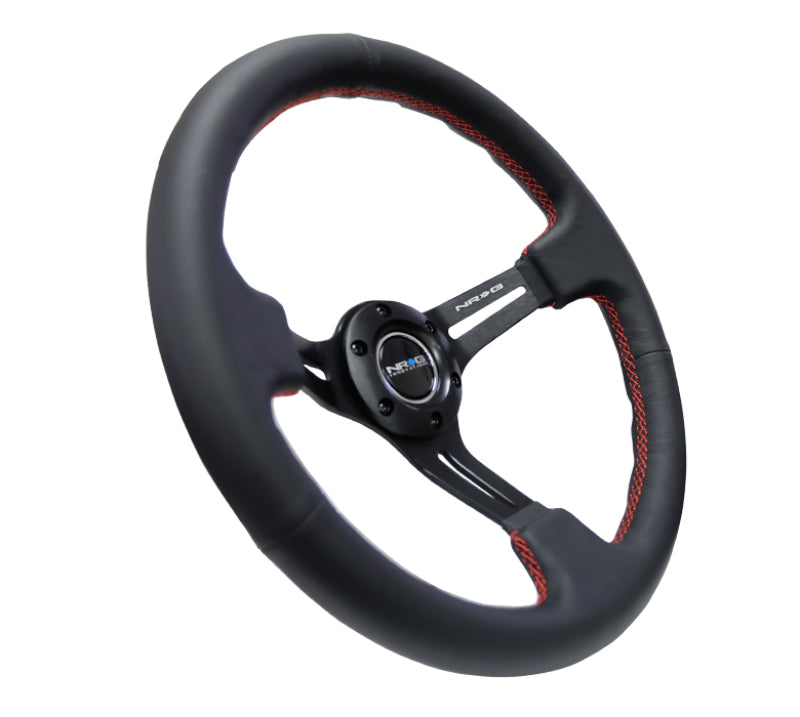 NRG Steering Wheel - 350mm / 3" Deep Dish (Black Leather / Red Stitch / Black Spokes)