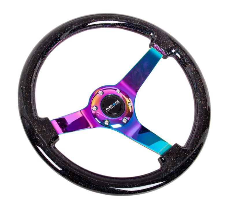 NRG  Wood Grain Steering Wheel - 350mm / 3" Deep Dish (Black Sparkle / Neochrome Spokes)