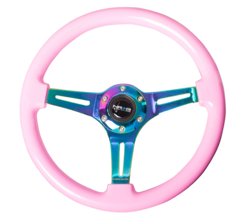 NRG Wood Grain Steering Wheel - 350mm (Pink Grip / Neochrome Spokes)