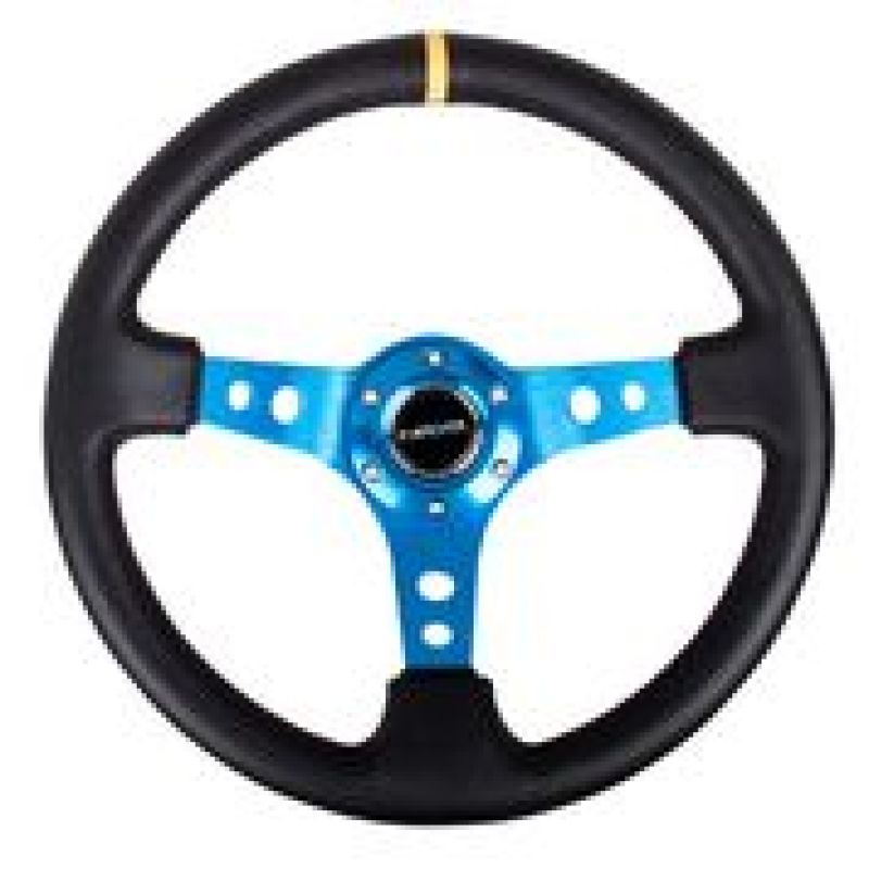 NRG Steering Wheel - 350mm / 3" Deep (Black Leather / Blue Spokes / Yellow Mark)