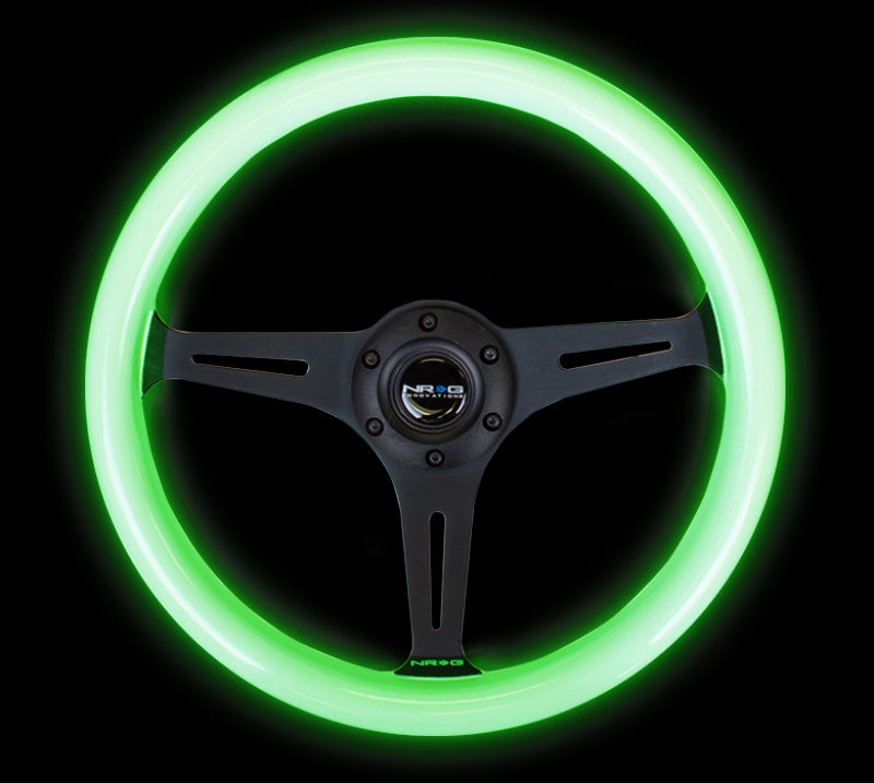 NRG Wood Grain Steering Wheel - 350mm (Glow-N-The-Dark Green Grip / Black Spokes)