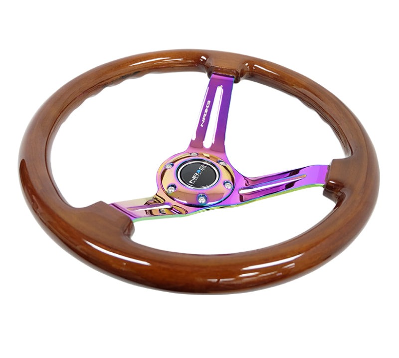 NRG Wood Grain Steering Wheel - 350mm / 3" Deep Dish (Brown Grip / Neochrome Spokes)