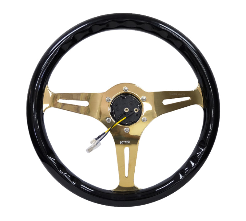NRG Wood Grain Steering Wheel - 350mm (Black Grip / Chrome Gold Spokes)