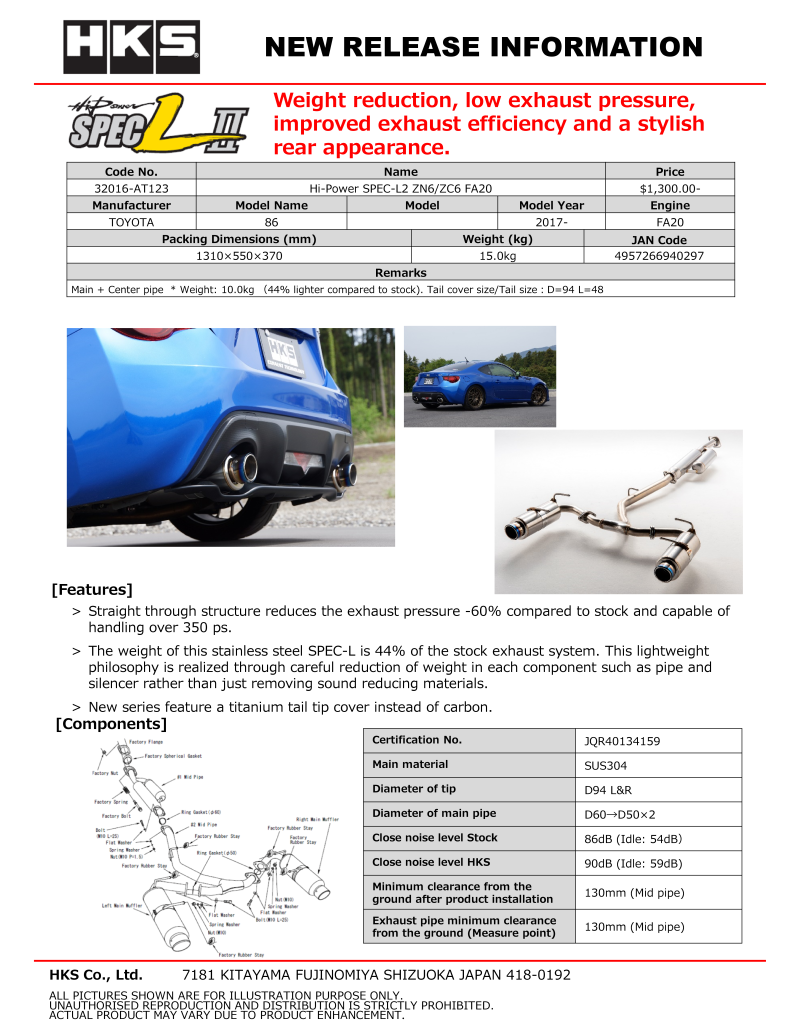 HKS Hi-Power SPEC-L II Exhaust Subaru BRZ / Scion FR-S / Toyota 86