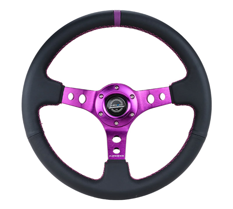 NRG Steering Wheel - 350mm / 3" Deep Dish (Black Leather / Purple Stitch / Purple Spokes)