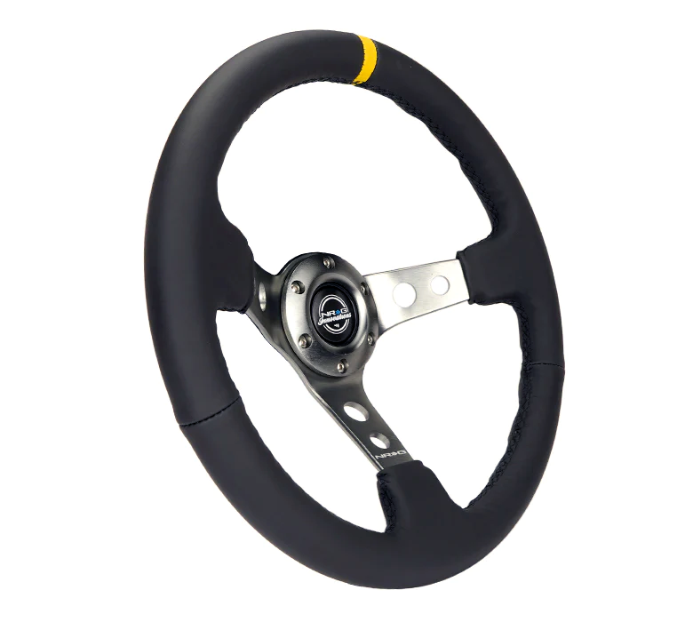 NRG Steering Wheel - 350mm / 3" Deep Dish (Black Leather / Gunmetal Spokes / Yellow Mark)