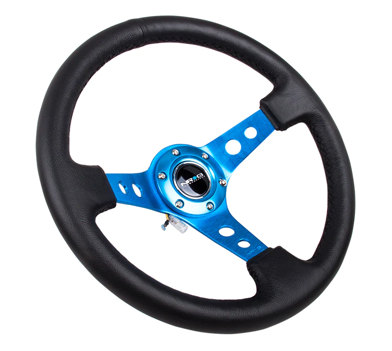 NRG Steering Wheel - 350mm / 3" Deep (Black Leather Grip / Blue Spokes)