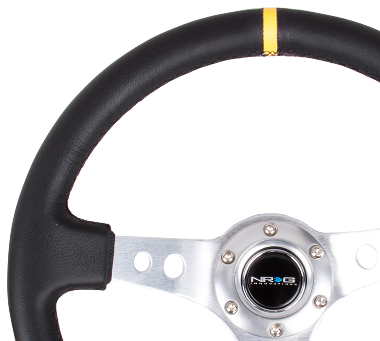 NRG Steering Wheel - 350mm / 3" Deep Dish (Black Leather Grip / Yellow Center Mark)