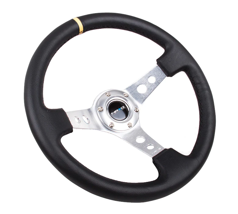 NRG Steering Wheel - 350mm / 3" Deep Dish (Black Leather Grip / Yellow Center Mark)