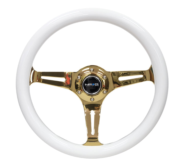 NRG Wood Grain Steering Wheel - 350mm (White Grip / Chrome Gold Spokes)