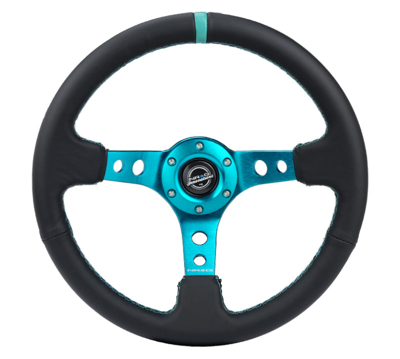 NRG Steering Wheel - 350mm / 3" Deep Dish (Black Leather / Teal Center Mark / Teal Stitch)