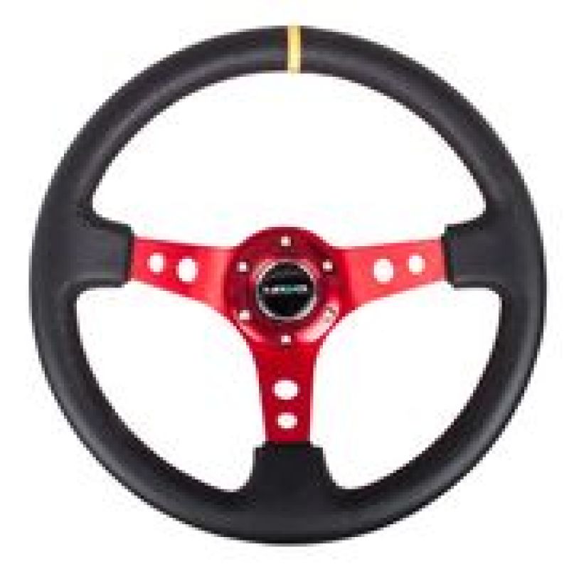 NRG Steering Wheel - 350mm / 3" Deep Dish (Black Leather / Red Spokes / Yellow Mark)