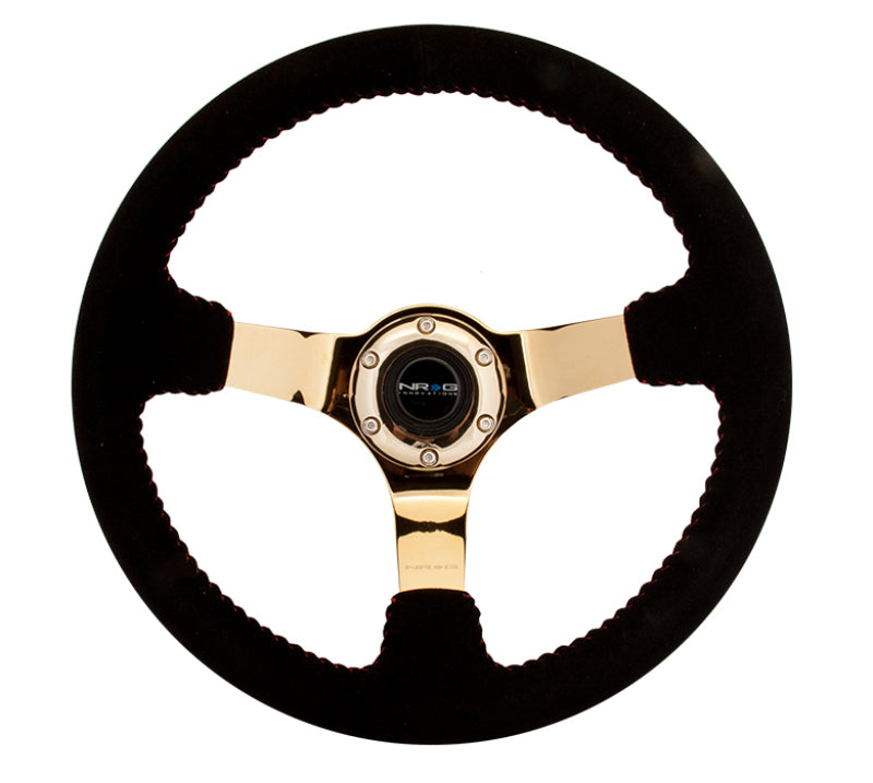 NRG Steering Wheel - 350mm / 3" Deep Dish (Black Suede / Red BBall Stitch / Chrome Gold Spokes)