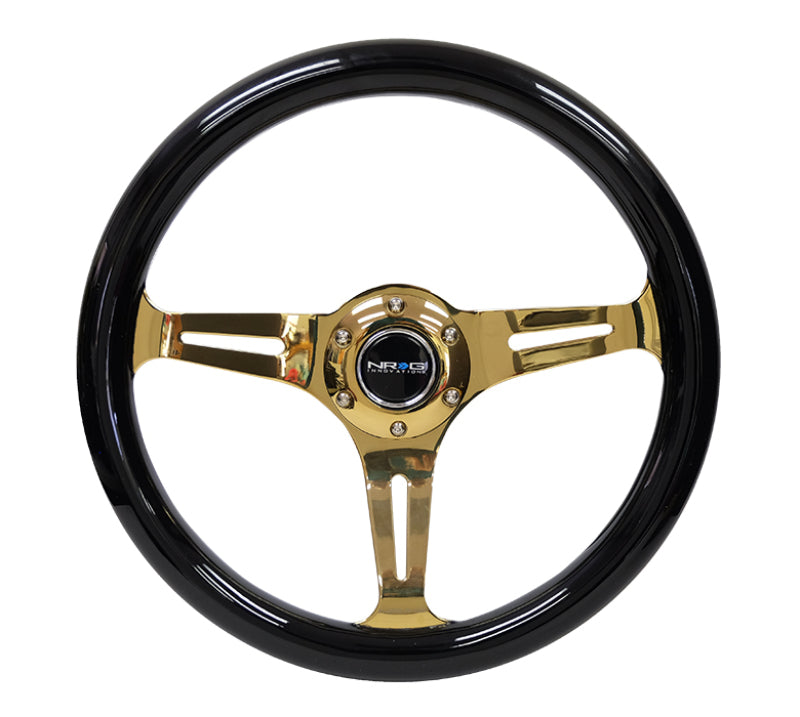 NRG Wood Grain Steering Wheel - 350mm (Black Grip / Chrome Gold Spokes)