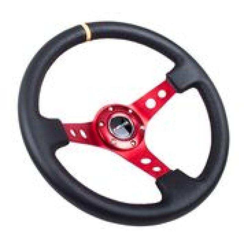NRG Steering Wheel - 350mm / 3" Deep Dish (Black Leather / Red Spokes / Yellow Mark)