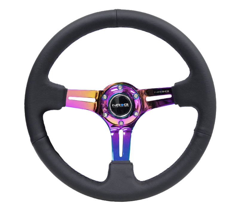 NRG Steering Wheel - 350mm / 3" Deep Dish (Black Leather / Black Stitch / Neochrome Spokes)