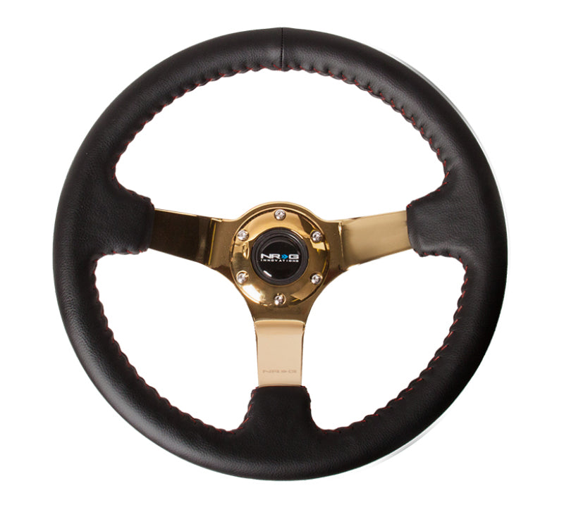 NRG Steering Wheel - 350mm / 3" Deep Dish (Black Leather / Red BBall Stitch / Gold Spokes)