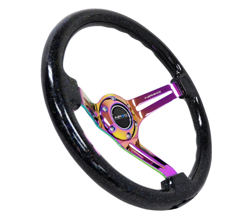 NRG Wood Grain Steering Wheel - 350mm / 3" Deep Dish (Black Multi Flake / Neochrome Spokes)