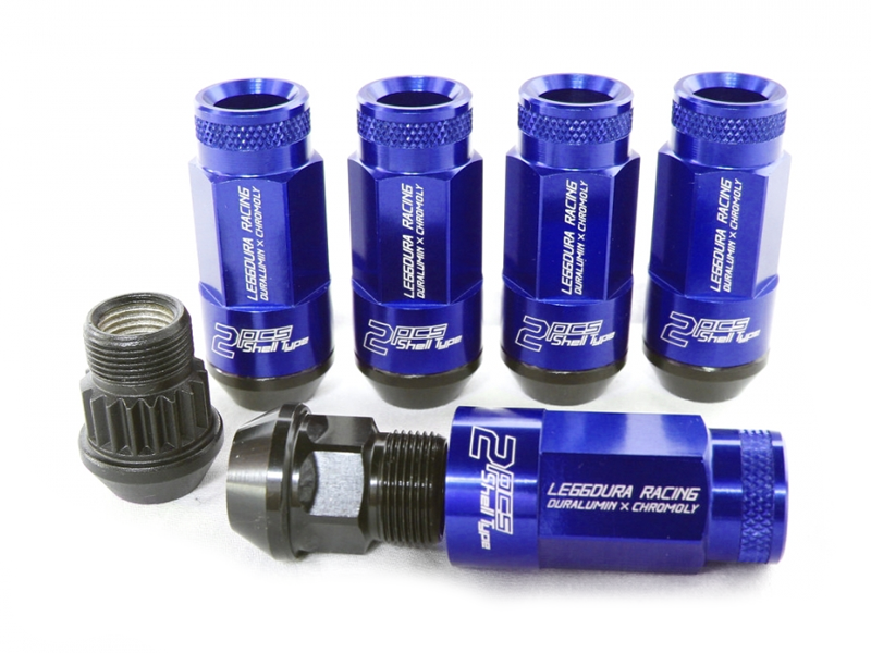 Project Kics 53mm Open-End Leggdura Racing Shell Type Lug Nuts - 12x1.25 Blue (16 Lugs + 4 Locks)